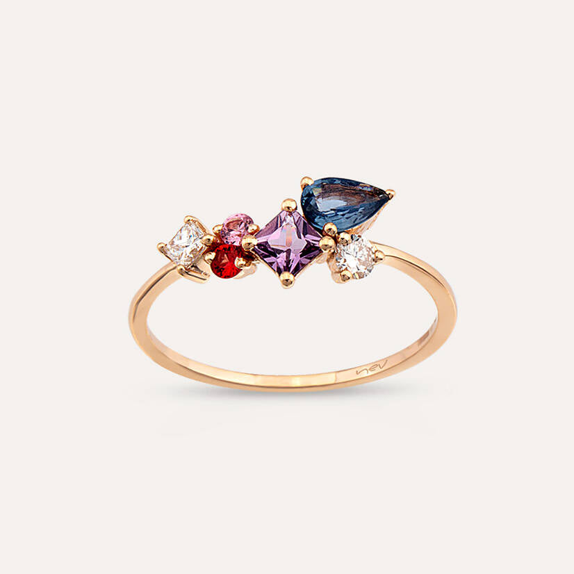Lily 0.89 CT Multicolor Safir ve Pırlanta Taşlı Rose Altın Yüzük