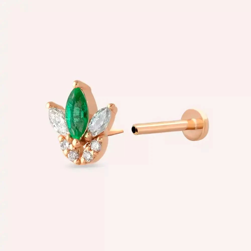 Lily Zümrüt ve Pırlanta Taşlı Rose Altın Piercing
