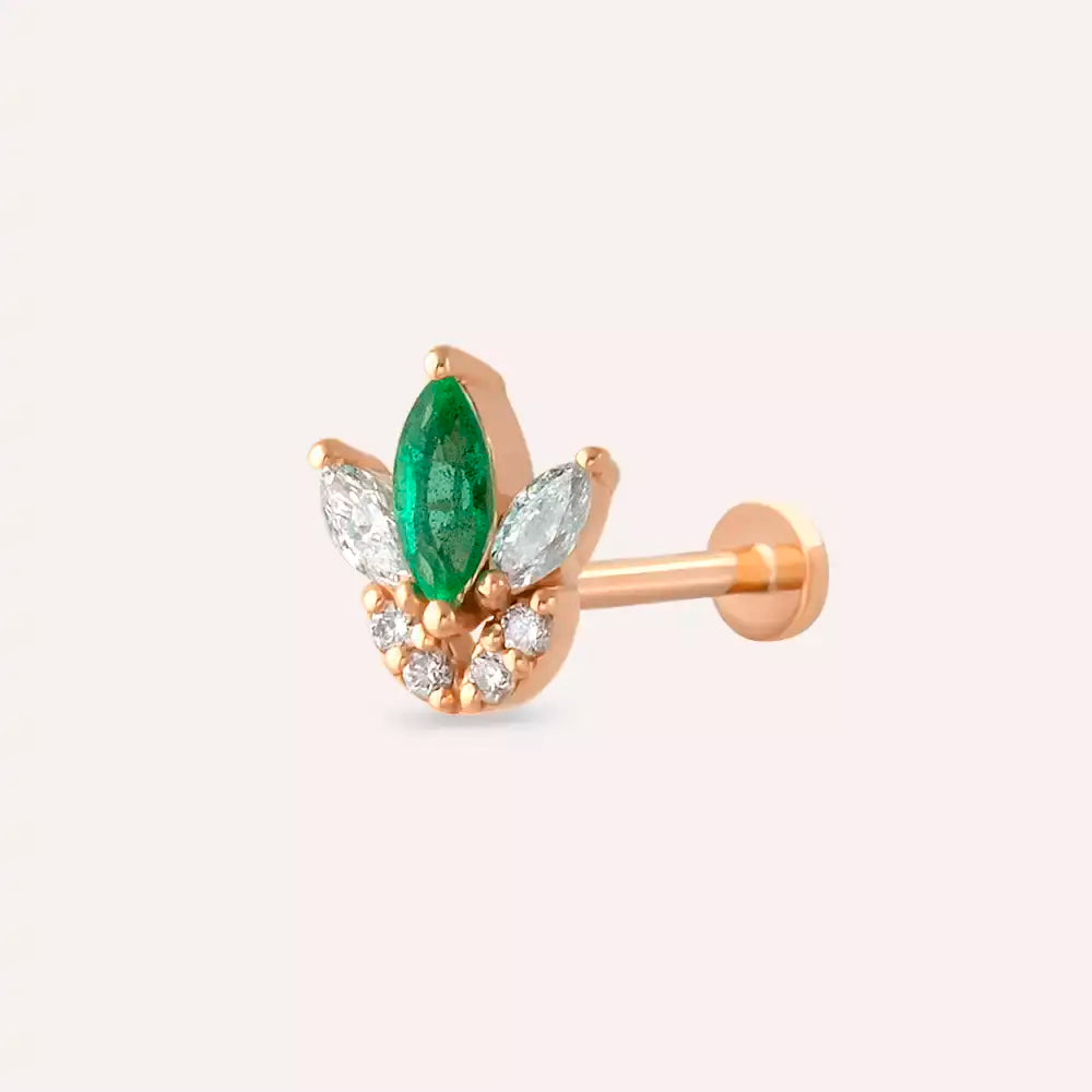 Lily Zümrüt ve Pırlanta Taşlı Rose Altın Piercing