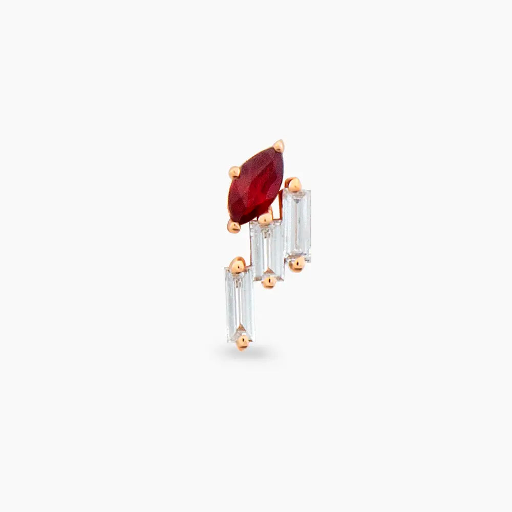 Loe Red Safir ve Baget Pırlanta Taşlı Rose Altın Piercing