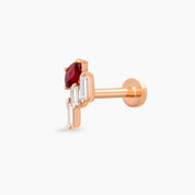 Loe Red Safir ve Baget Pırlanta Taşlı Rose Altın Piercing