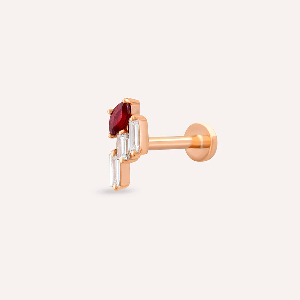 Loe Red Safir ve Baget Pırlanta Taşlı Rose Altın Piercing