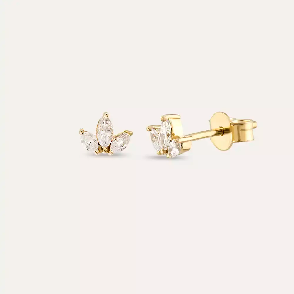 Lotus 0.25 CT Markiz Kesim Pırlanta Taşlı Sarı Altın Küpe