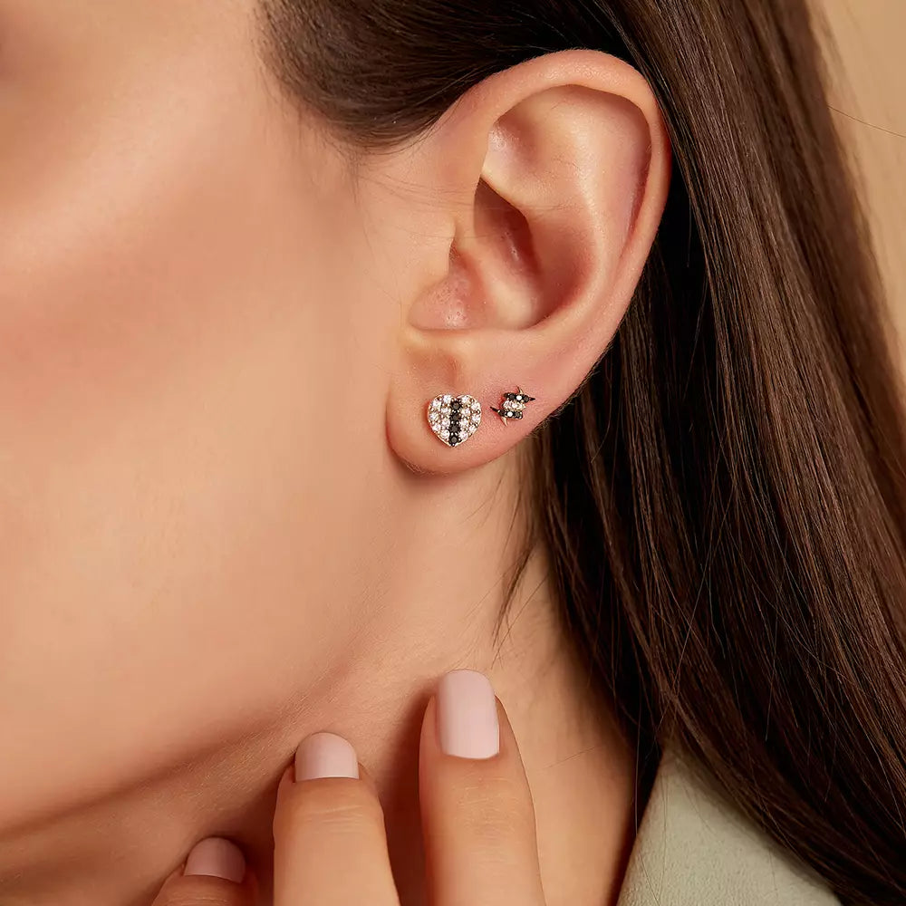 Eros Siyah Pırlanta Taşlı Rose Altın Tek Küpe