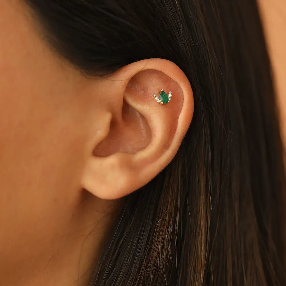 Lunar 0.25 CT Zümrüt ve Pırlanta Taşlı Rose Altın Piercing