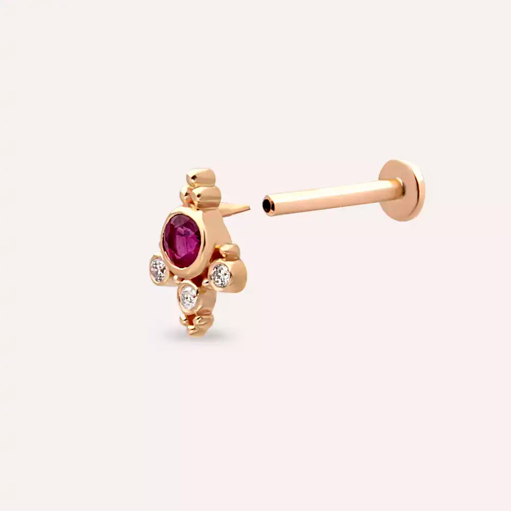 Lune Yakut ve Pırlanta Taşlı Rose Altın Piercing