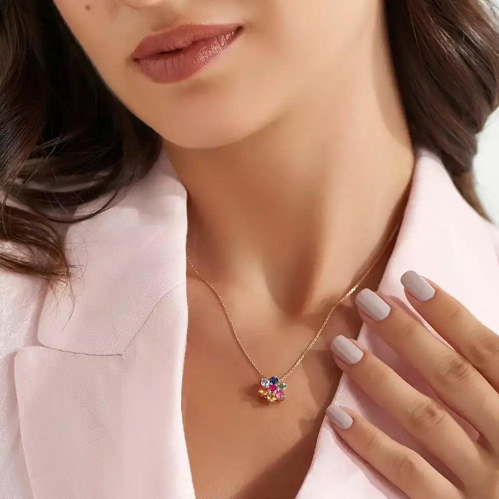 Luvis Multicolor Safir ve Yakut Taşlı Rose Altın Kolye
