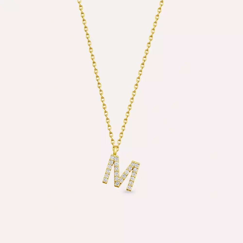 M Harf 0.13 CT Pırlanta Taşlı Sarı Altın Kolye