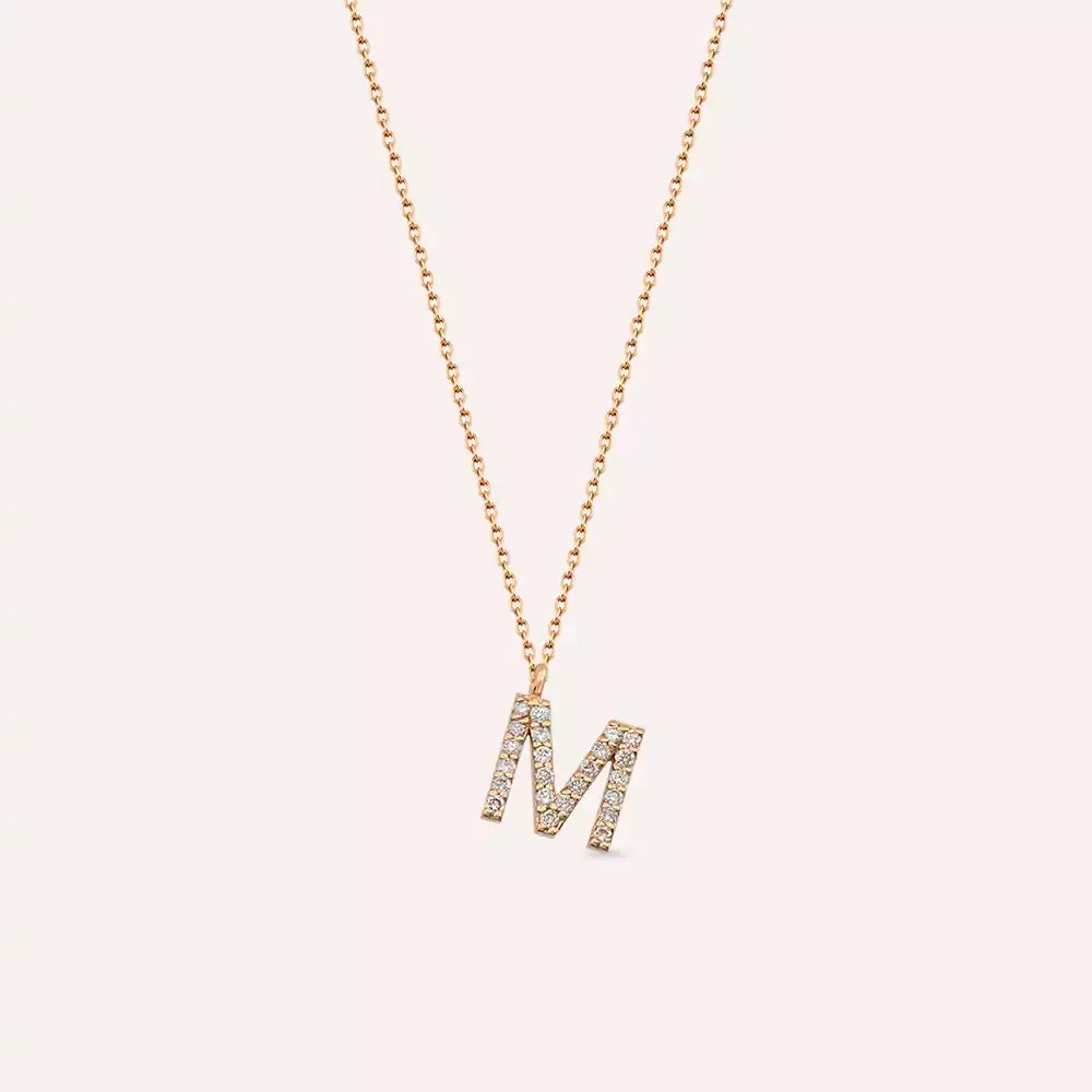 M Harf 0.13 CT Pırlanta Taşlı Rose Altın Kolye