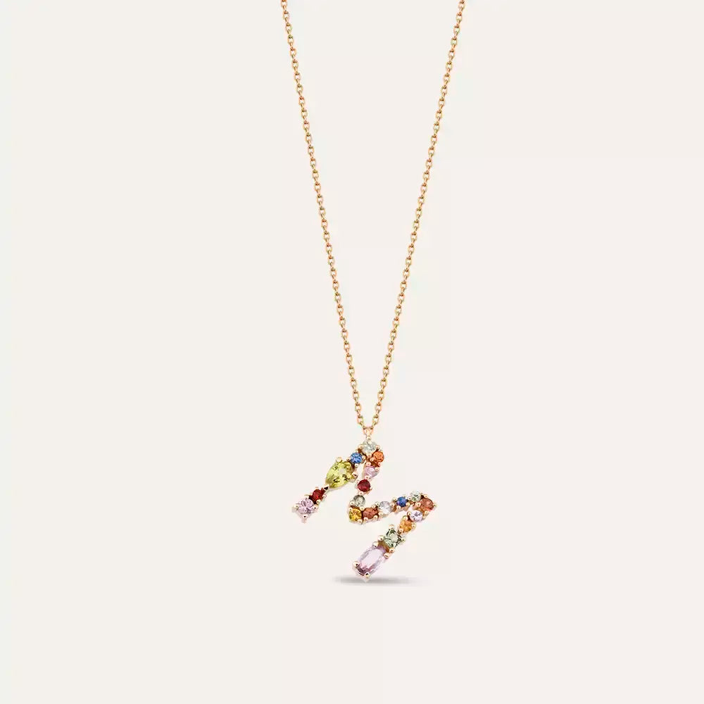 M Harf Multicolor Safir Taşlı Rose Altın Kolye