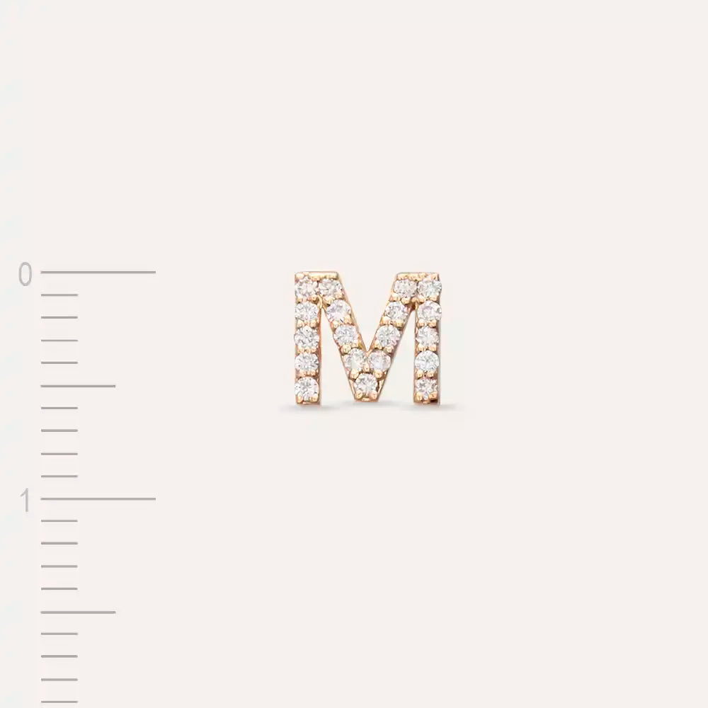 M Harf Pırlanta Taşlı Rose Altın Tek Küpe