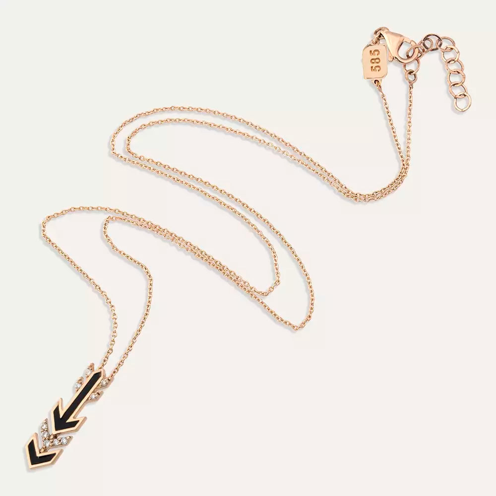 Glint Pırlanta Taşlı ve Siyah Mineli Rose Altın Kolye