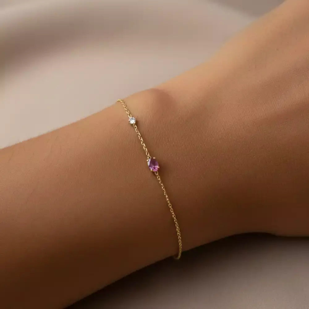 Marea Pink Safir ve Pırlanta Taşlı Sarı Altın Bileklik