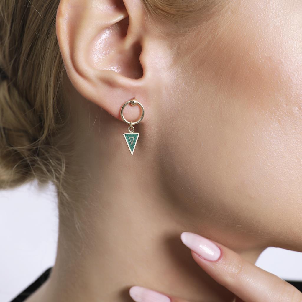 Green Enamel Gold Triangle Earrings