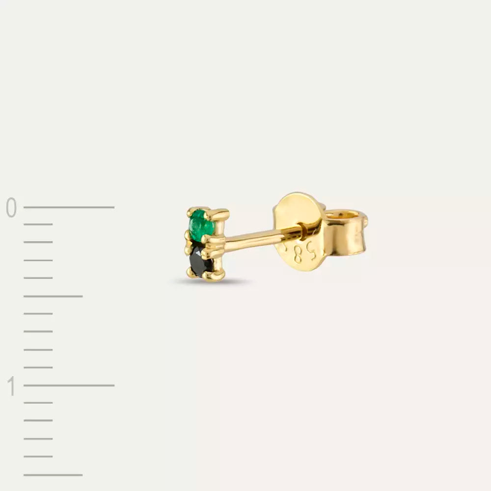 Mild Siyah Pırlanta ve Zümrüt Taşlı Sarı Altın Tek Küpe