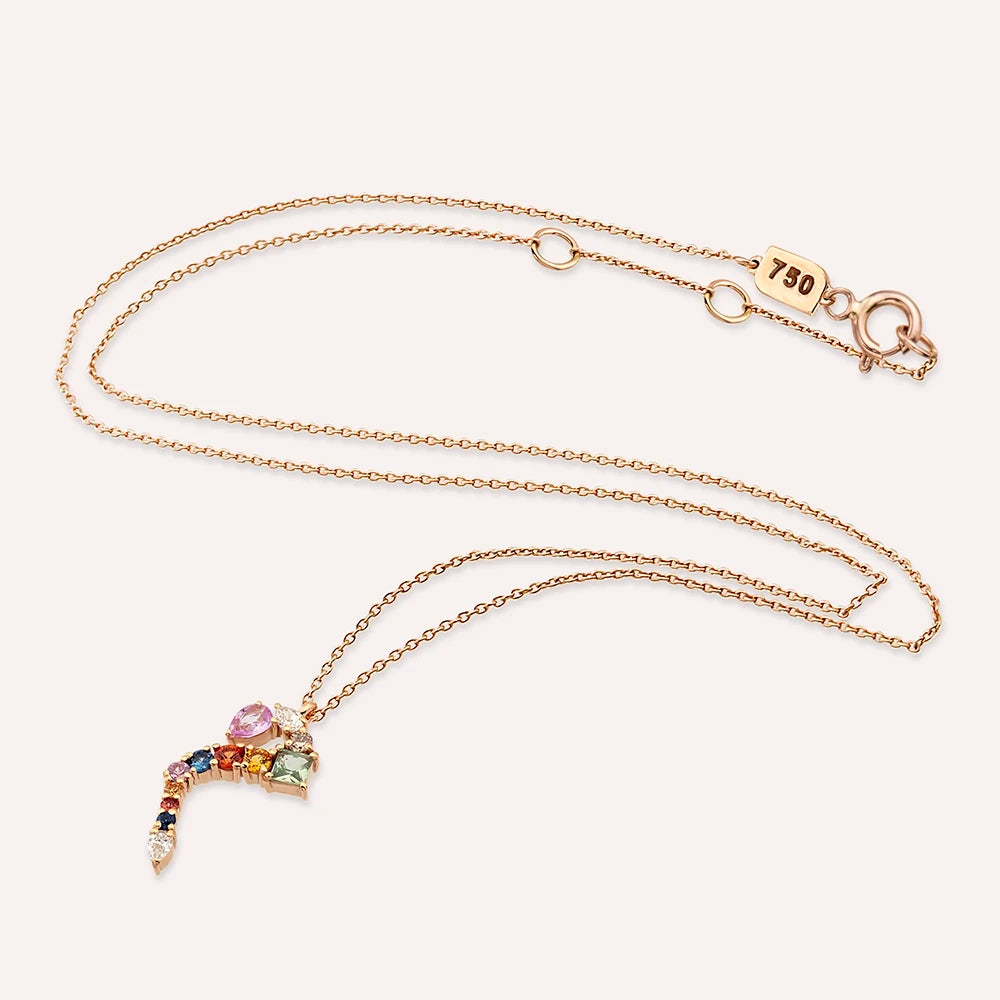 م Mim Harf 0.68 CT Pırlanta ve Multicolor Safir Taşlı Rose Altın Kolye