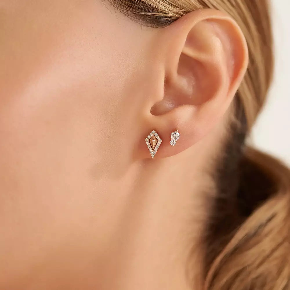 Punta Pırlanta Taşlı Rose Altın Tek Küpe