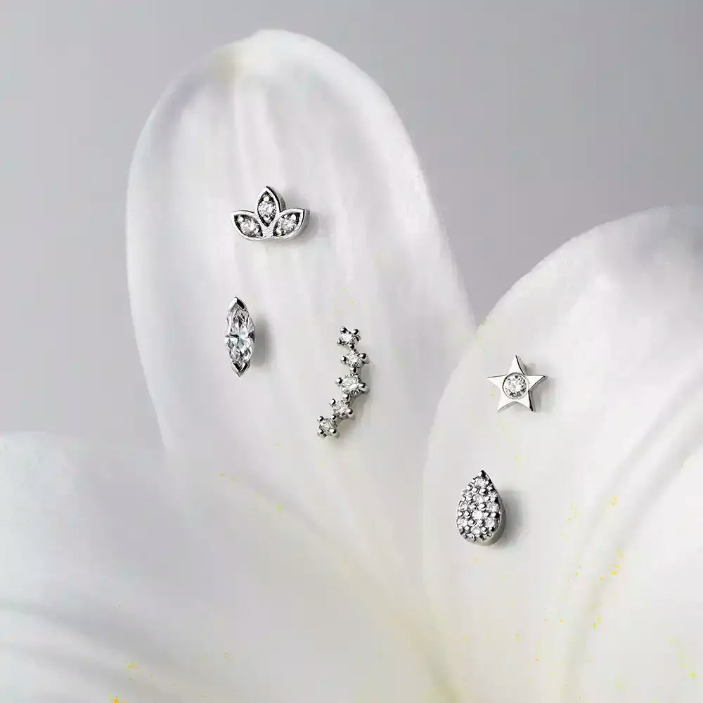 Mini Lotus Pırlanta Taşlı Beyaz Altın Piercing