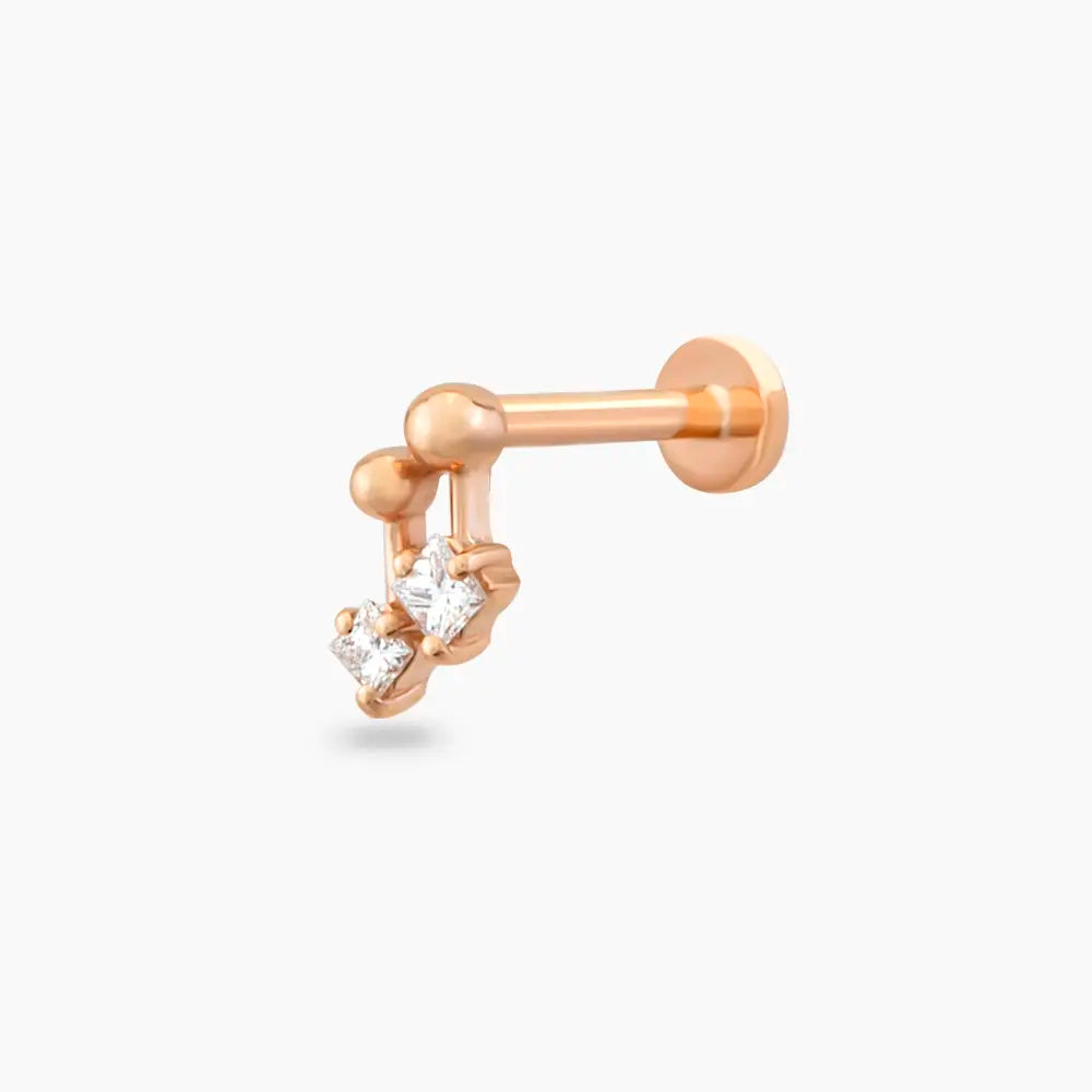 Mini Nota Prenses Kesim Pırlanta Taşlı Rose Altın Piercing
