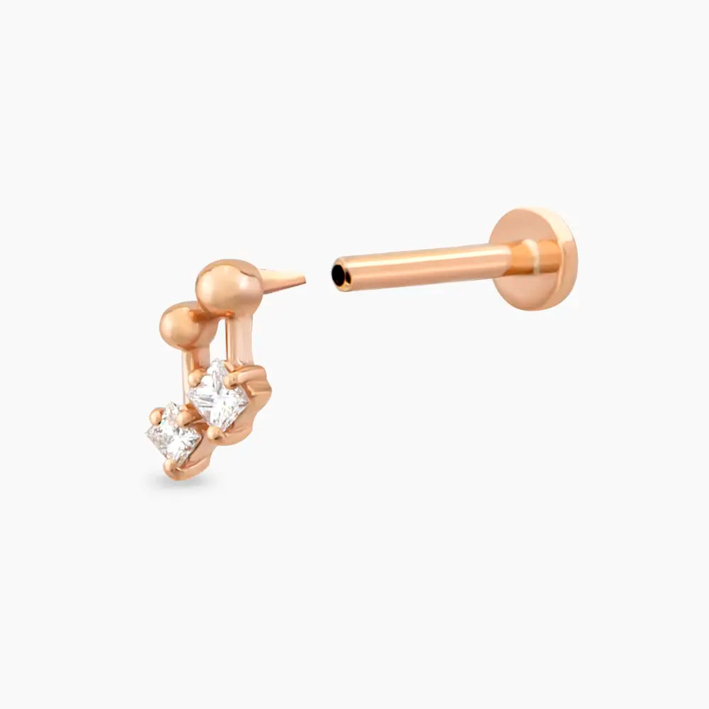 Mini Nota Prenses Kesim Pırlanta Taşlı Rose Altın Piercing