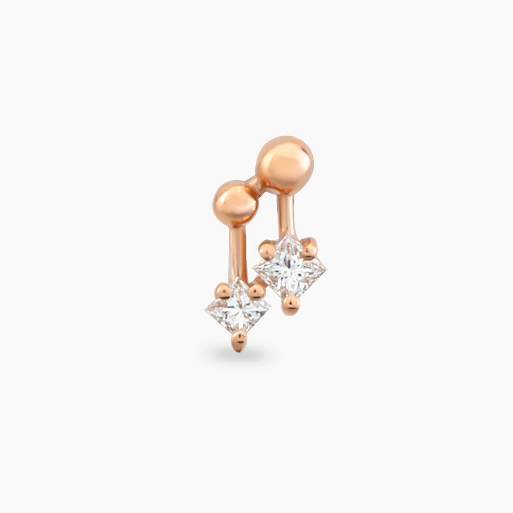 Mini Nota Prenses Kesim Pırlanta Taşlı Rose Altın Piercing
