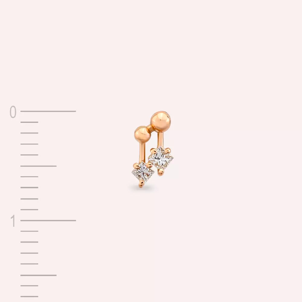 Mini Nota Prenses Kesim Pırlanta Taşlı Rose Altın Tek Küpe