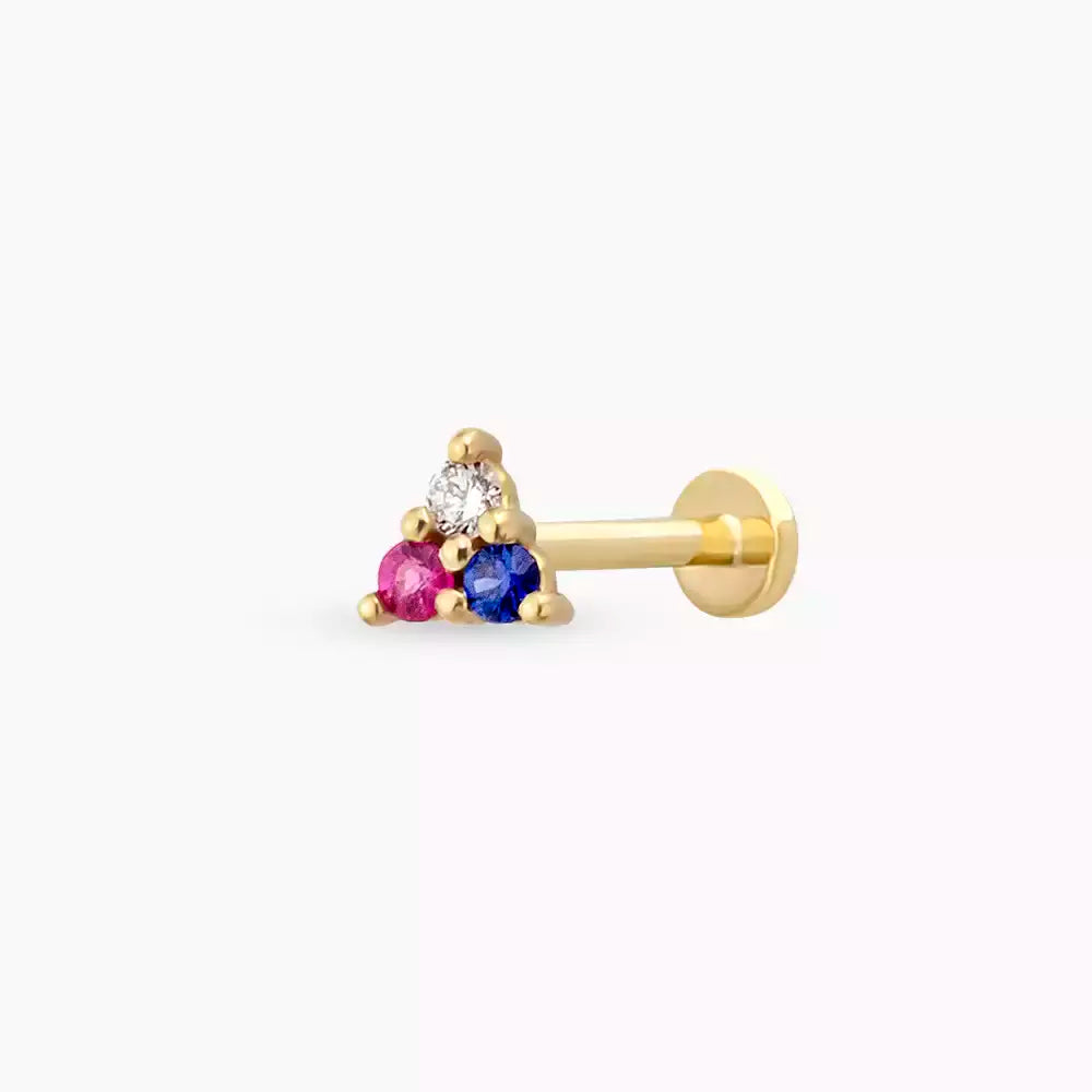 Mini Trigon Pırlanta Yakut ve Safir Taşlı Sarı Altın Piercing