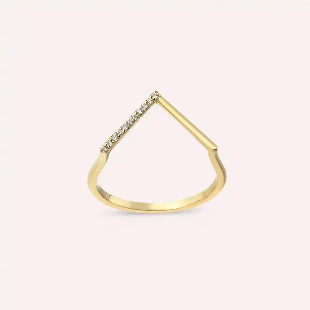 Minimal Pırlanta Taşlı Sarı Altın V Yüzük