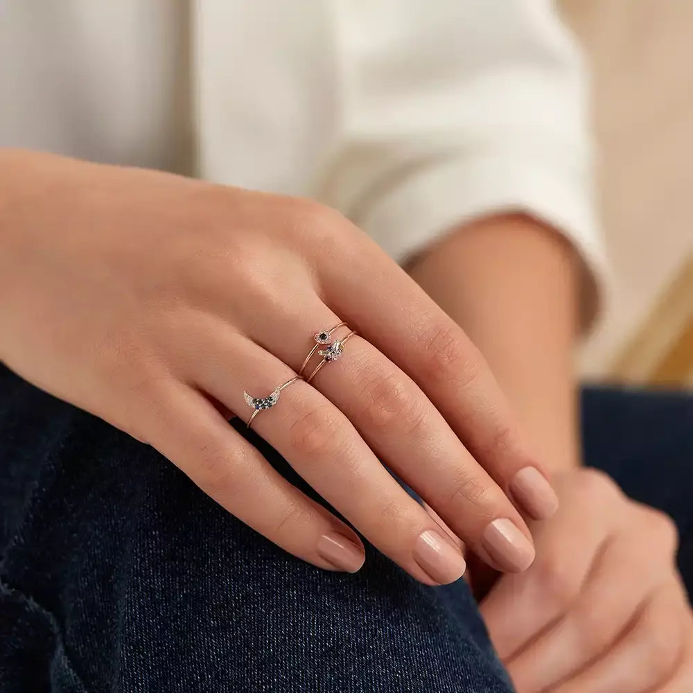 Moon 0.09 CT Blue Safir ve Pırlanta Taşlı Beyaz Altın Yüzük