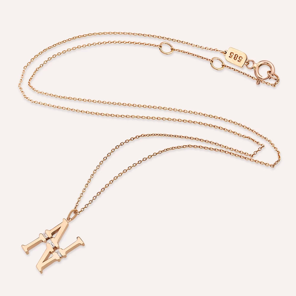 N Harf 0.04 CT Baget Pırlanta Taşlı Rose Altın Kolye