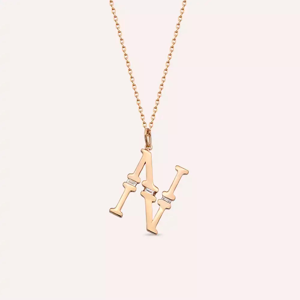 N Harf 0.04 CT Baget Pırlanta Taşlı Rose Altın Kolye