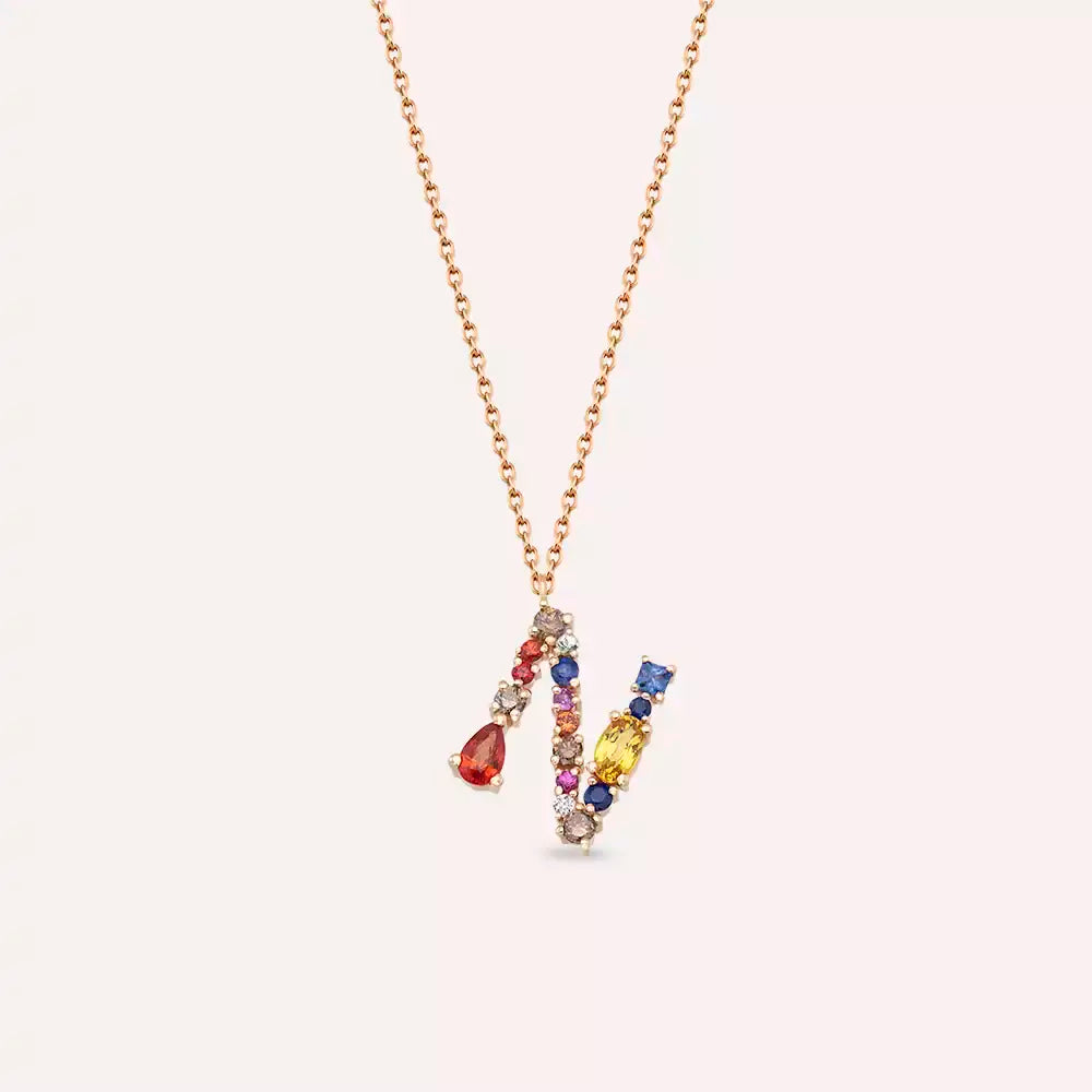 N Harf Brown Pırlanta ve Multicolor Safir Taşlı Rose Altın Kolye