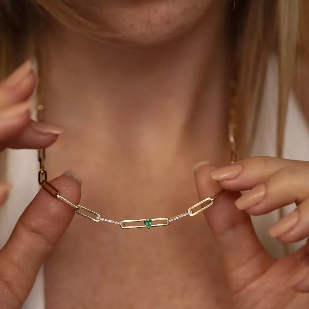 Nest Zümrüt ve Pırlanta Taşlı Rose Altın Kolye