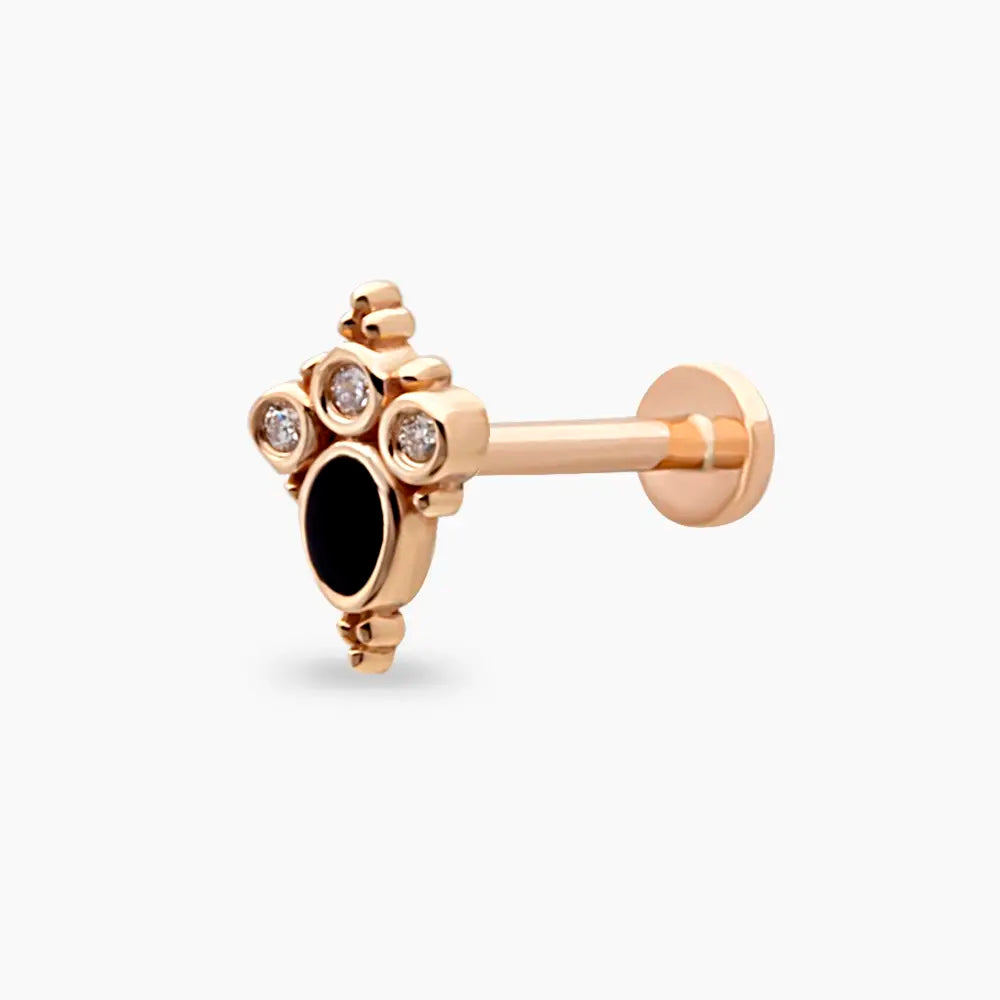 Nia Pırlanta Taşlı ve Siyah Mineli Rose Altın Piercing