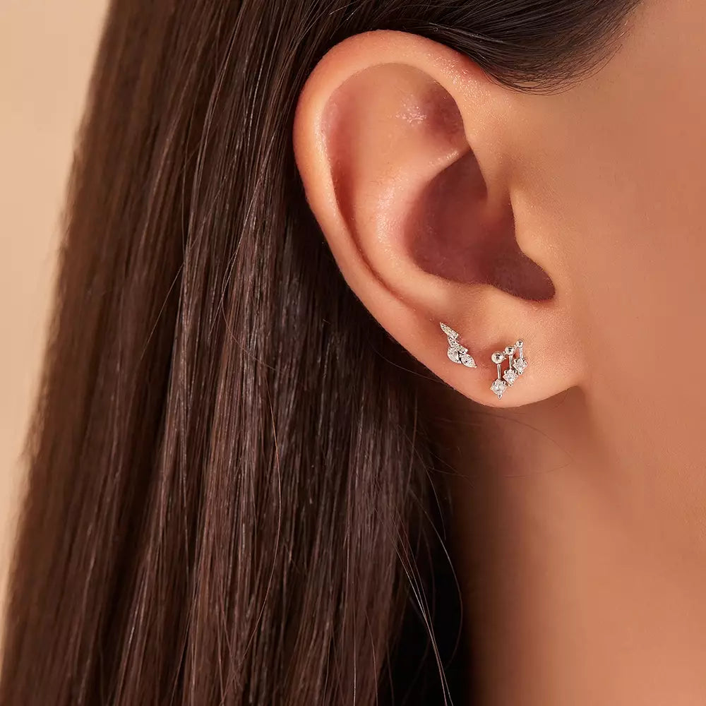 Nota Prenses Kesim Pırlanta Taşlı Beyaz Altın Altın Tek Küpe