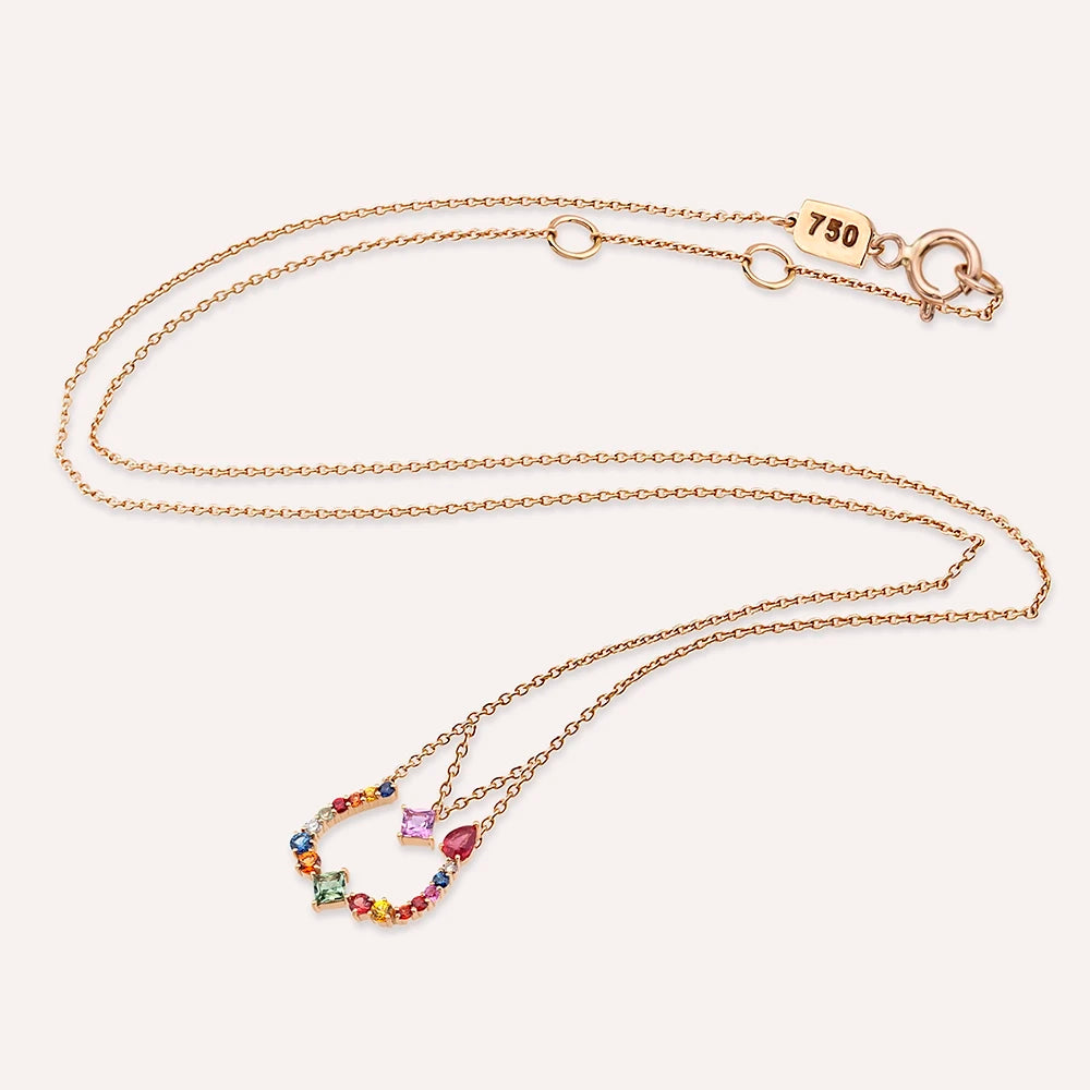 ن‎ Nun Harf 1.09 CT Pırlanta ve Multicolor Safir Taşlı Rose Altın Kolye
