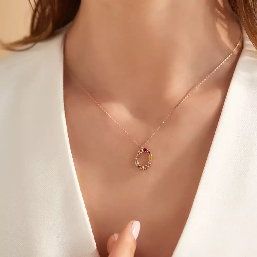 O Harf Brown Pırlanta ve Multicolor Safir Taşlı Rose Altın Kolye