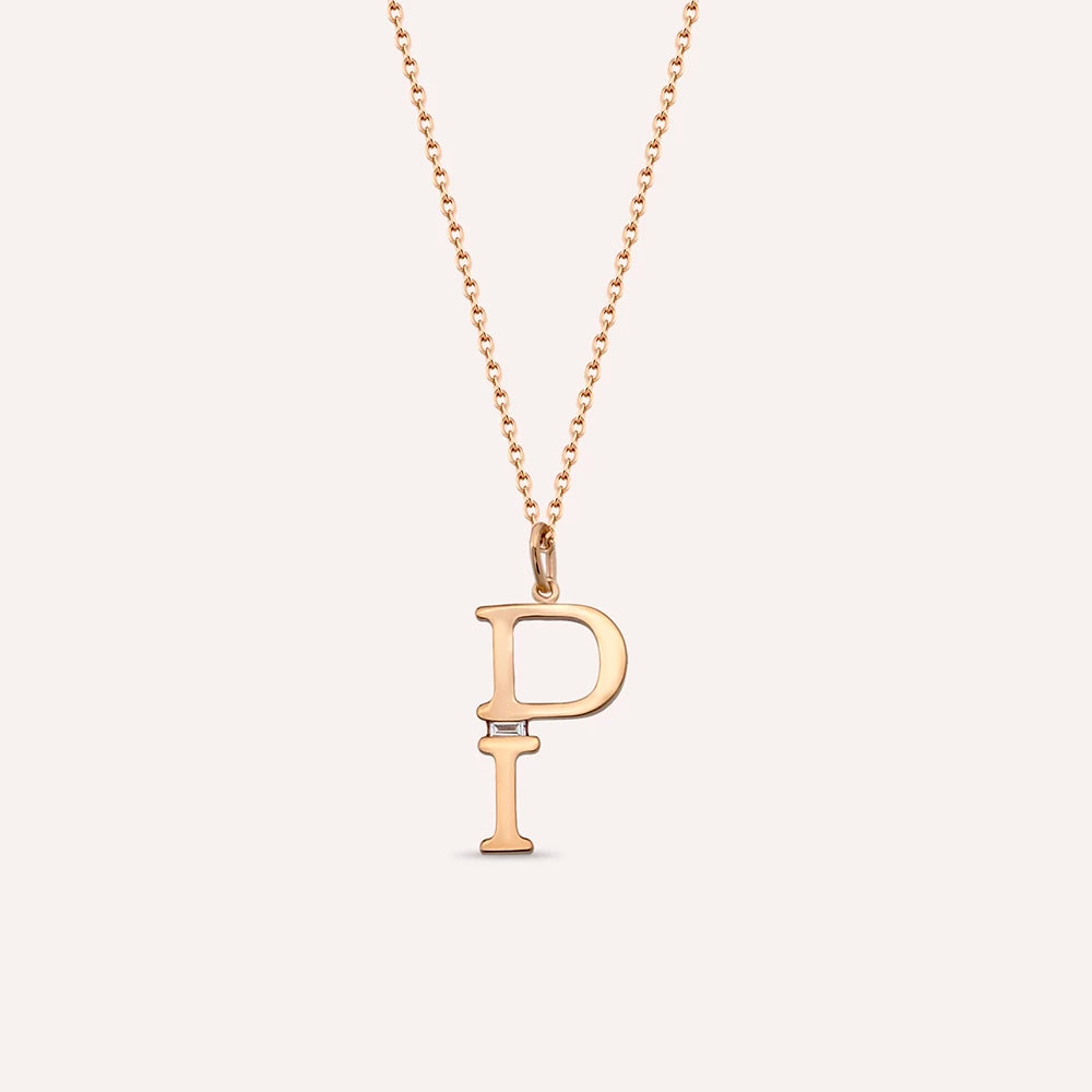 P Harf 0.02 CT Baget Pırlanta Taşlı Rose Altın Kolye