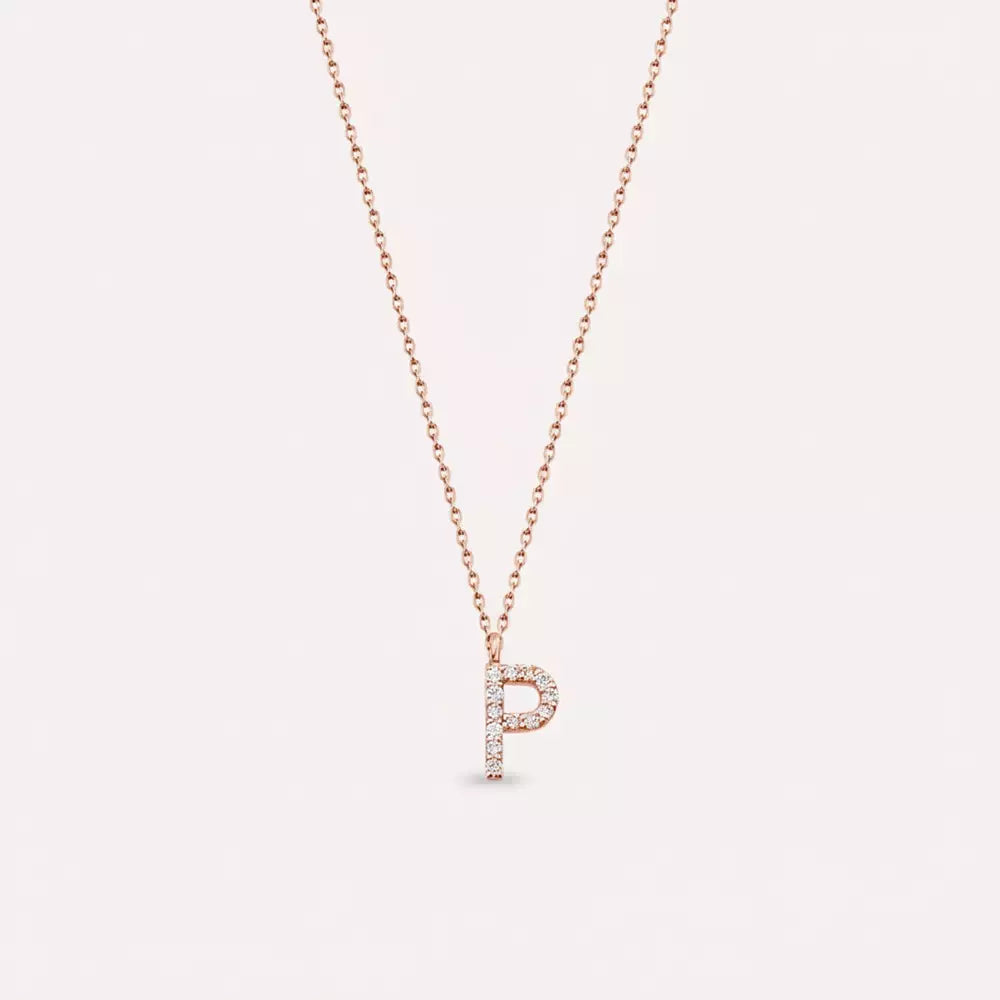 P Harf 0.08 CT Pırlanta Taşlı Rose Altın Kolye