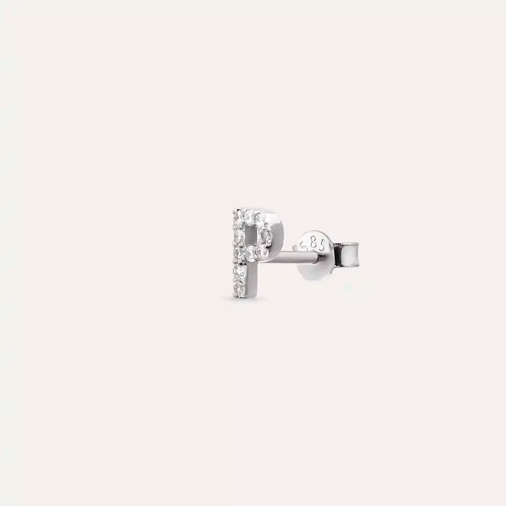 P Harf Pırlanta Taşlı Beyaz Altın Tek Küpe