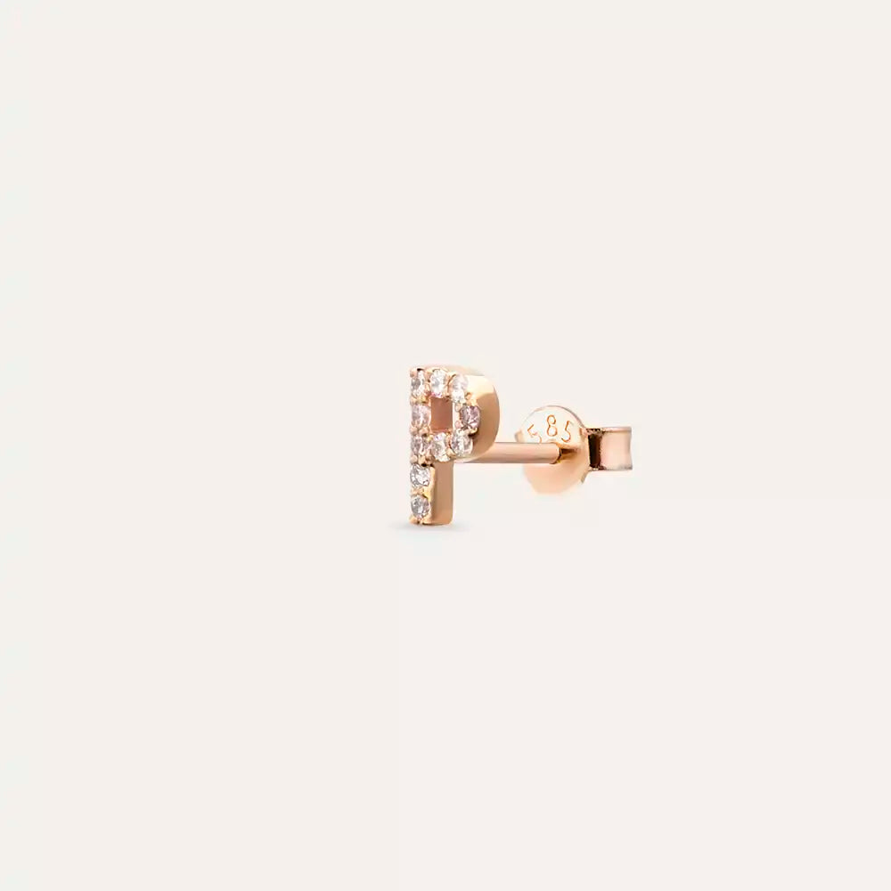 P Harf Pırlanta Taşlı Rose Altın Tek Küpe