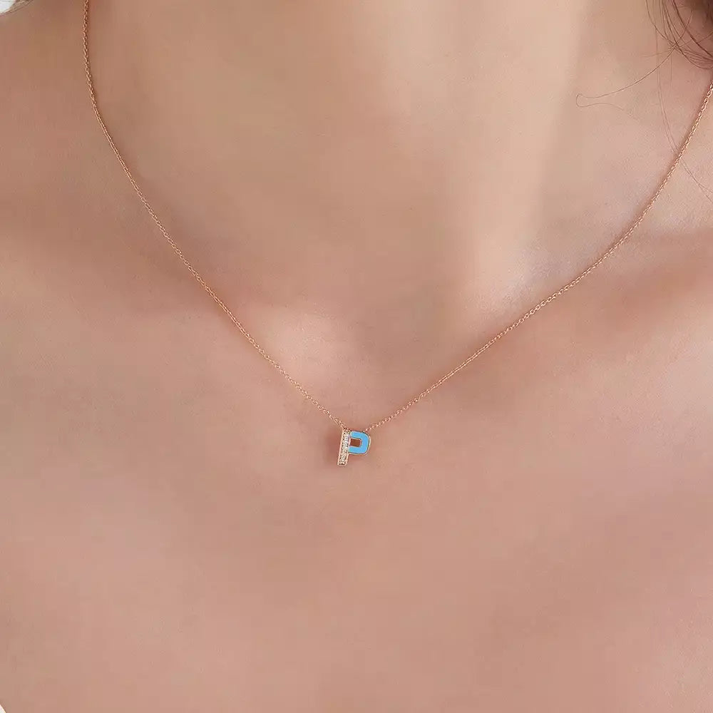 P Harf Pırlanta Taşlı ve Mavi Mineli Rose Altın Kolye