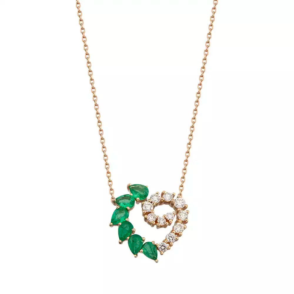 Peri Zümrüt ve Pırlanta Taşlı Rose Altın Kolye