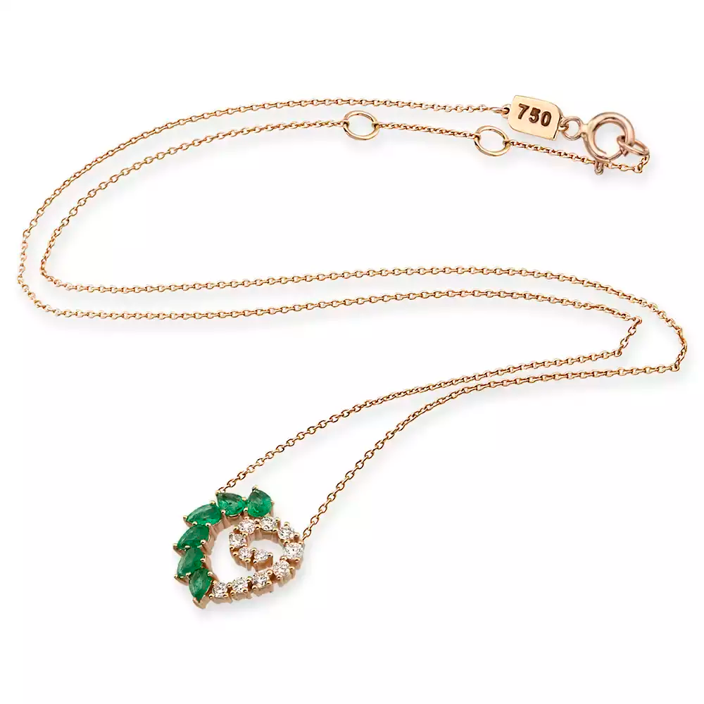 Peri Zümrüt ve Pırlanta Taşlı Rose Altın Kolye