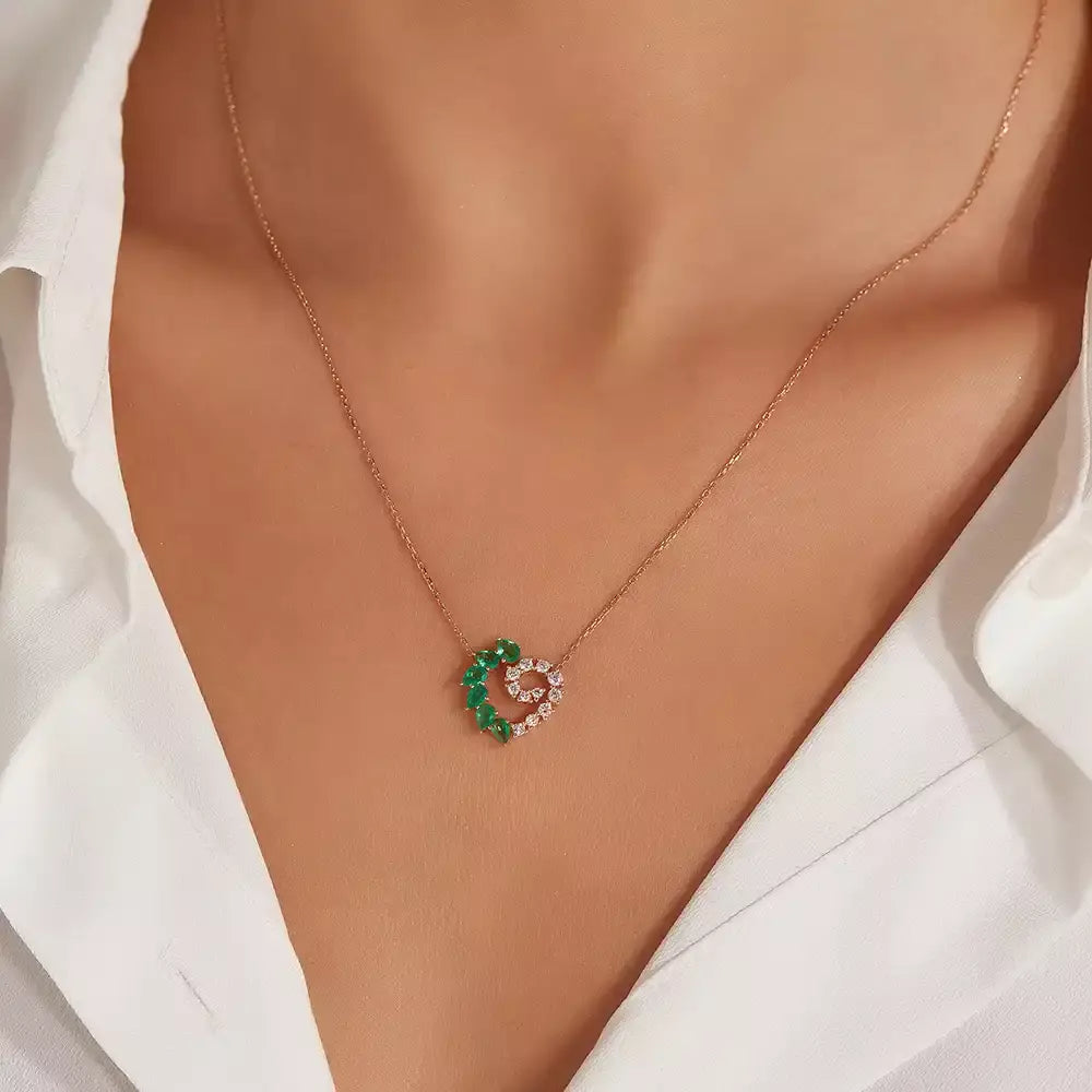 Peri Zümrüt ve Pırlanta Taşlı Rose Altın Kolye