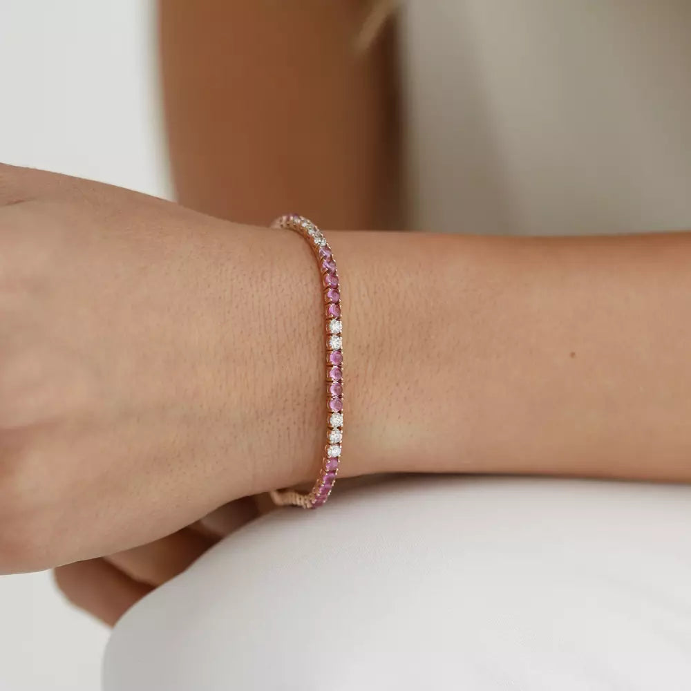 Pink Safir ve Pırlanta Taşlı Rose Altın Suyolu Bileklik