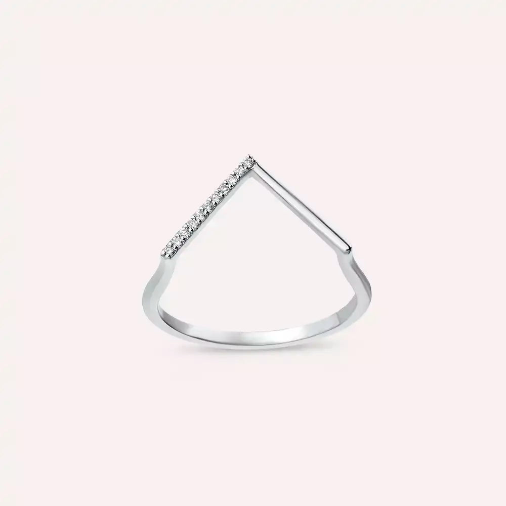 Pırlanta Taşlı Beyaz Altın Minimal V Yüzük