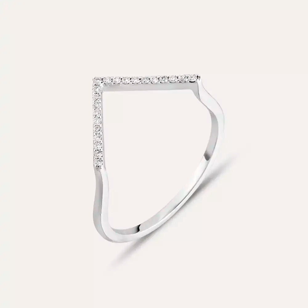 Pırlanta Taşlı Beyaz Altın Minimal V Yüzük