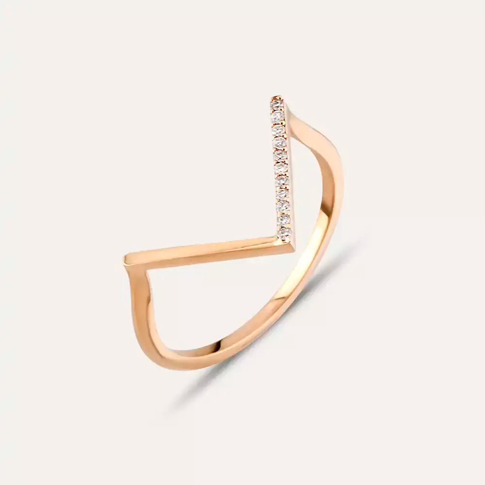 Pırlanta Taşlı Rose Altın Minimal V Yüzük