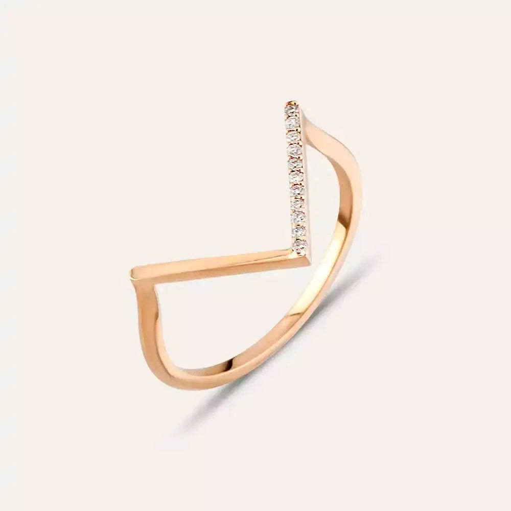 Pırlanta Taşlı Rose Altın Minimal V Yüzük